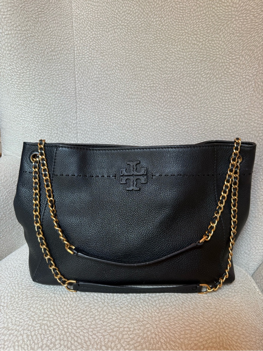 Tory Burch Black Pebbled Leather Shoulder Bag with Gold Chain Straps